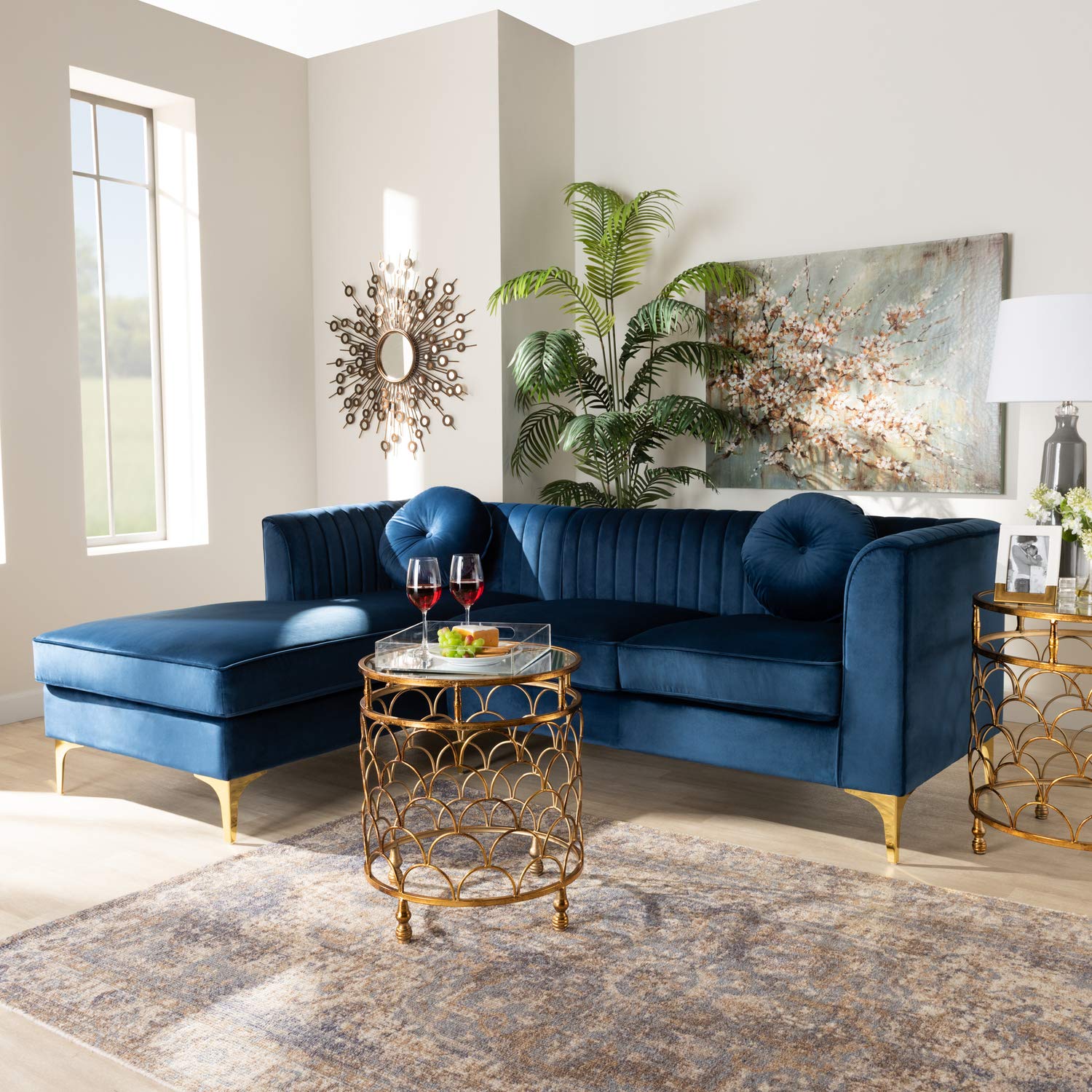 Baxton Studio Giselle Glam and Luxe Navy Blue Velvet Fabric Upholstered Mirrored Gold Finished Left Facing Sectional Sofa with Chaise Navy Blue/Velvet